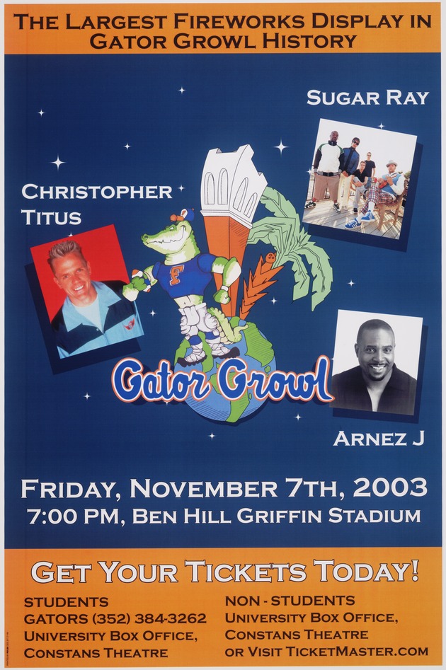 Poster advertising Gator Growl at Ben Hill Griffin Stadium at the