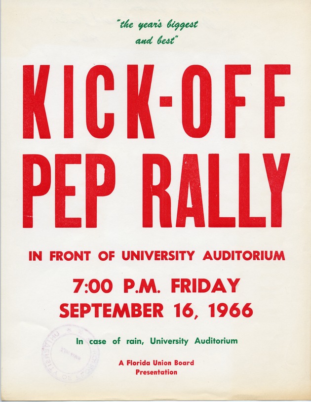 Poster for the Kick Off Pep Rally for the start of football season at